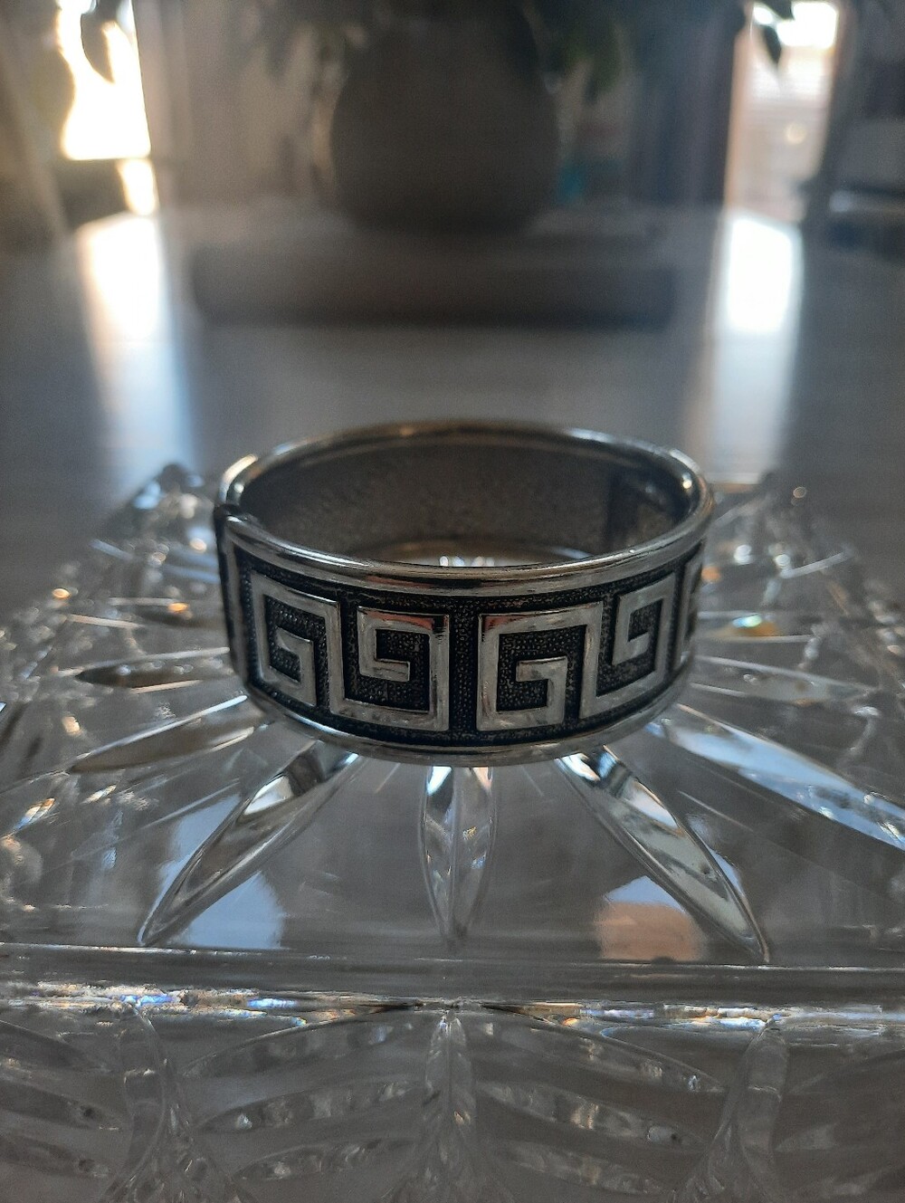 Vintage Silver Tone Hinge Bangle Bracelet With Greek Key Design